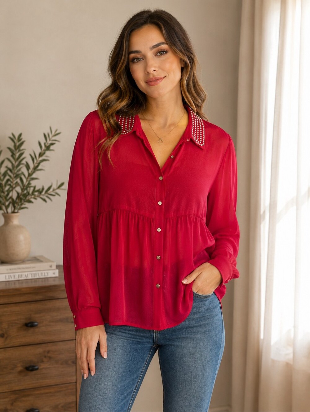 Cato Red Rhinestone Collar Button-Front Blouse – XL
